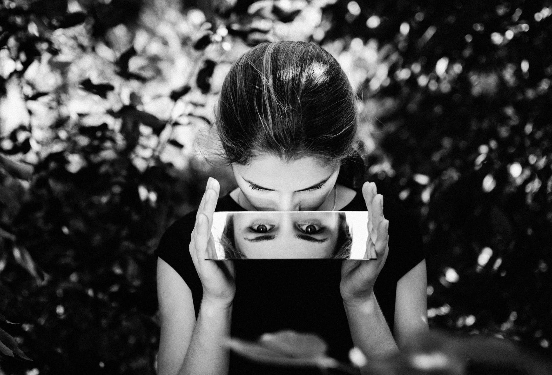 grayscale photo of girl in black shirt